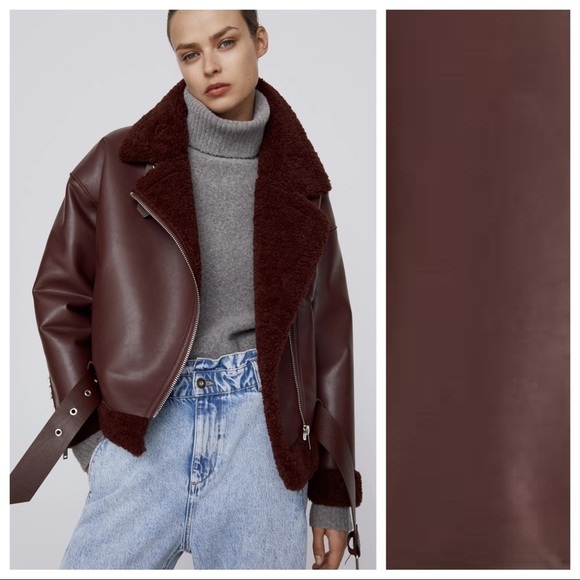 NWT. Zara Burgundy Faux Leather Double Faced Aviator Biker Jacket. Size XS. - Picture 2 of 12
